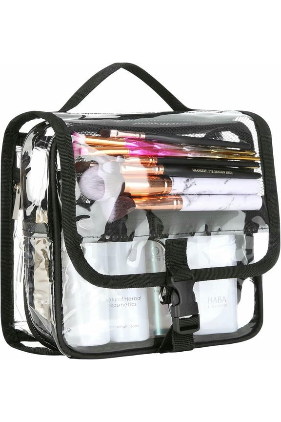 Clear Toiletry Bag with TSA Liquids Travel Bag, Hanging Travel Transparent Makeup Cosmetic Organizer, Waterproof Carry On Airline 3-1-1 Compliant Bag Quart Sized Luggage Pouch (Black-Clear)