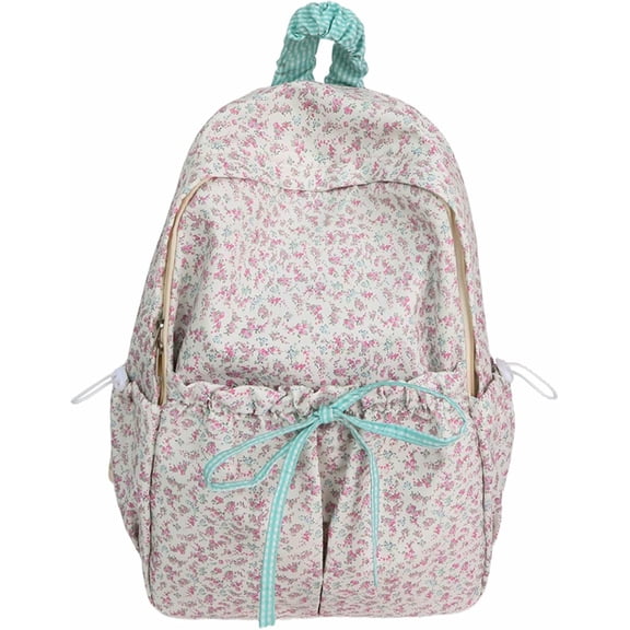 PTSPLLMY Cute Aesthetic Bow Backpack for Women Kawaii Floral Print Preppy College Book Bag Trendy Coquette Laptop Daypack (Pink)