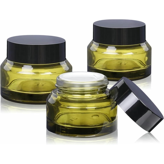 PTSPLLMY Glass Cosmetic Jars with Lids, 3 Pack Small Glass Jars, 30 ml Empty Makeup Containers for Sample, Cream, Lotion (1 oz, Green)