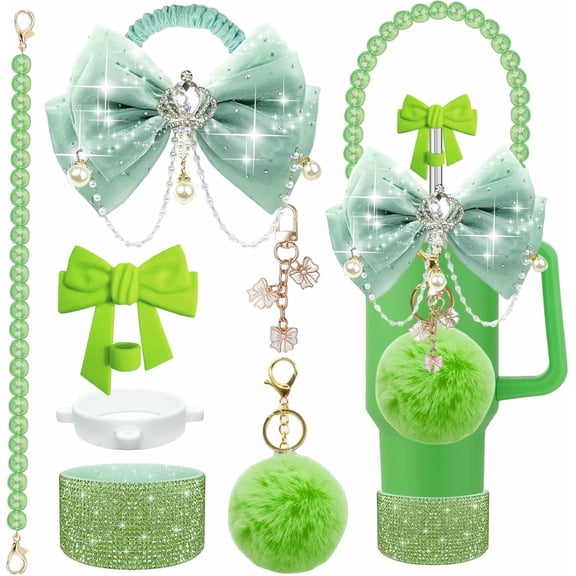 PTSPLLMY Grey Bling Cup Accessories Set for Stanley 24/30/40oz, Rhinestone Boot | Bow straw topper set with pearl strap and charms, perfect for cute girly tumbler decoration and gifting