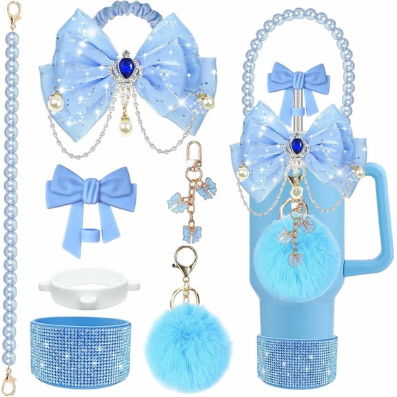 PTSPLLMY Grey Bling Cup Accessories Set for Stanley 24/30/40oz, Rhinestone Boot | Bow straw topper set with pearl strap and charms, perfect for cute girly tumbler decoration and gifting
