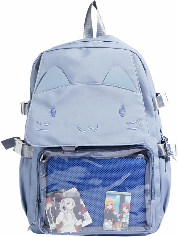 Kawaii Ita Bag with Anime Display Insert & Pin Japanese-Style Cat Emo Casual Daypack For Cosplay Travel Hiking and Daily Use (Blue)