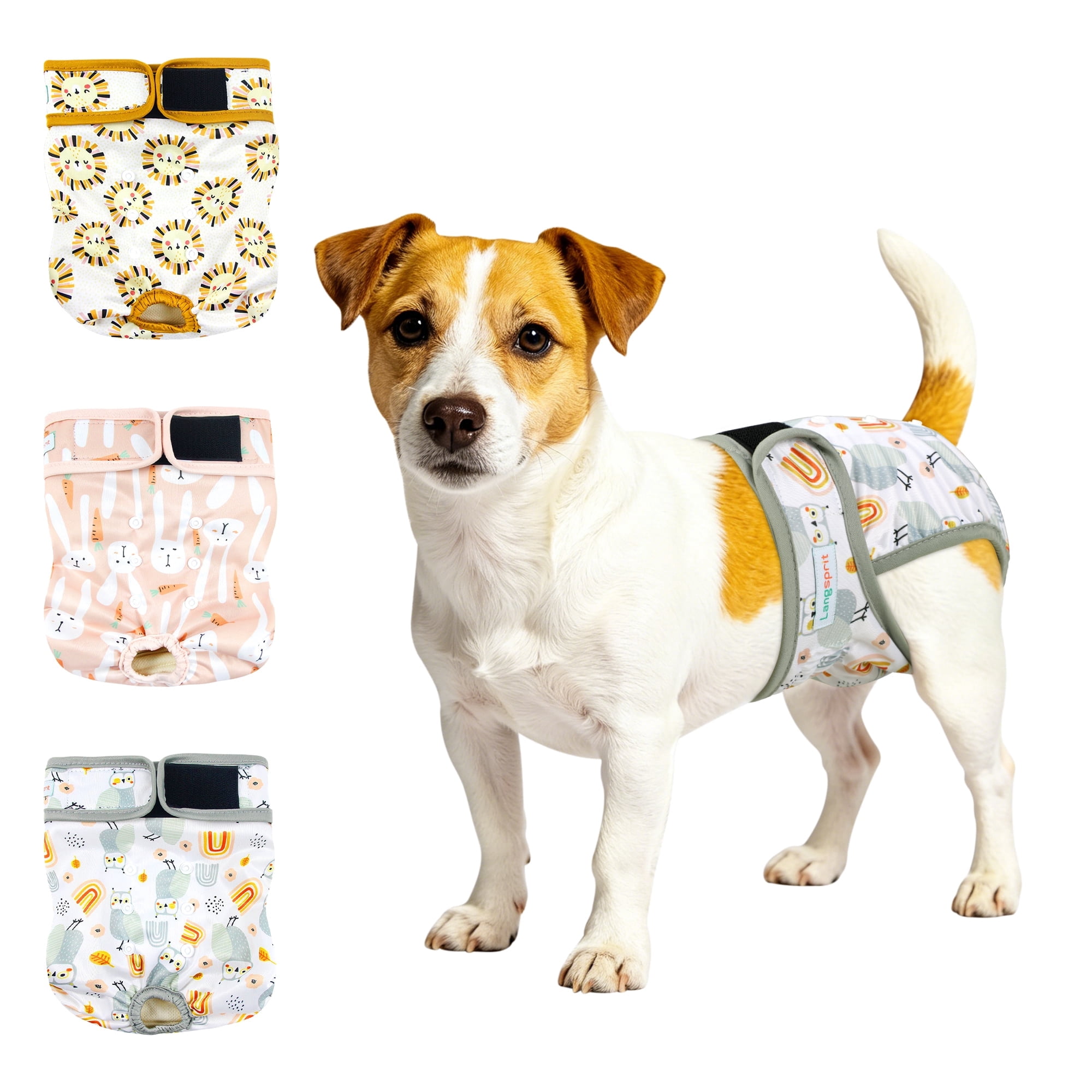 PTSPLLMY Langsprit Washable Female Dog Diapers (3 Pack) - No Leak Reusable Diapers for Doggy Female in Period - Highly Absorbent Dog Heat Panties with Adjustable Snaps