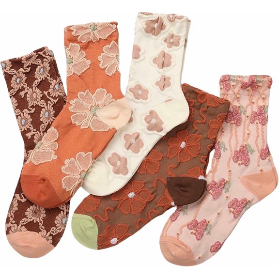 PTSPLLMY Mid Tube Crew Socks with Lace Ruffled Cuffs Delicate Embroidered Floral and Ruffle Designs Assorted Colors Pack of 5 Suitable for Women's Size 5-10