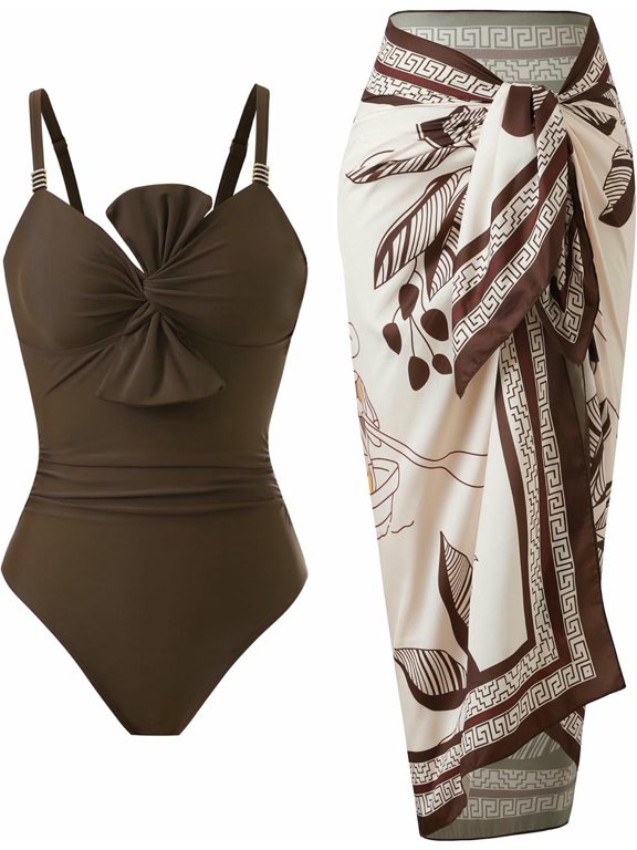One Piece Swimsuit for Women with Cover Up Set Retro Bathing Suit Tummy Control Knot Swimwear Beach Wrap Skirt