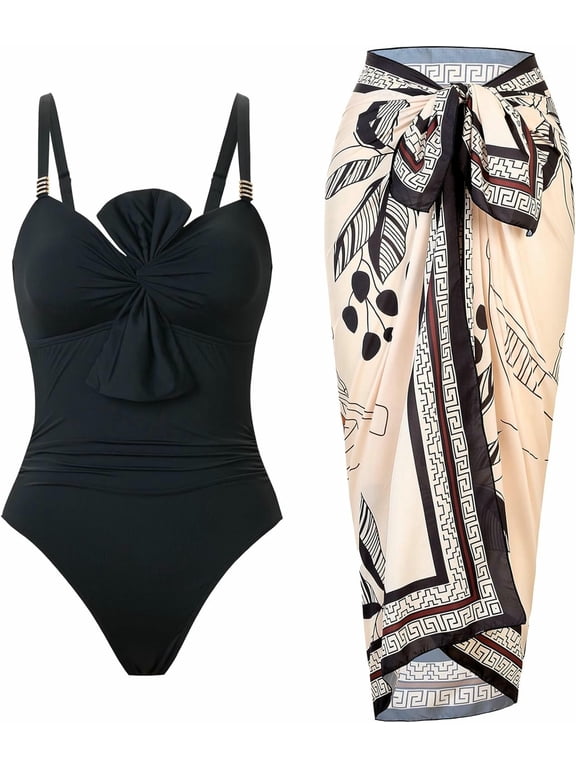 One Piece Swimsuit for Women with Cover Up Set Retro Bathing Suit Tummy Control Knot Swimwear Beach Wrap Skirt