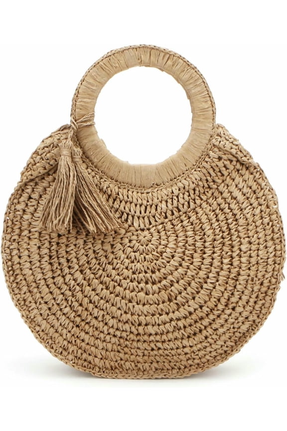 Round Paper Straw Tote Bag for Women Handwoven Purses with Tassel Beach Bag Summer Vacation