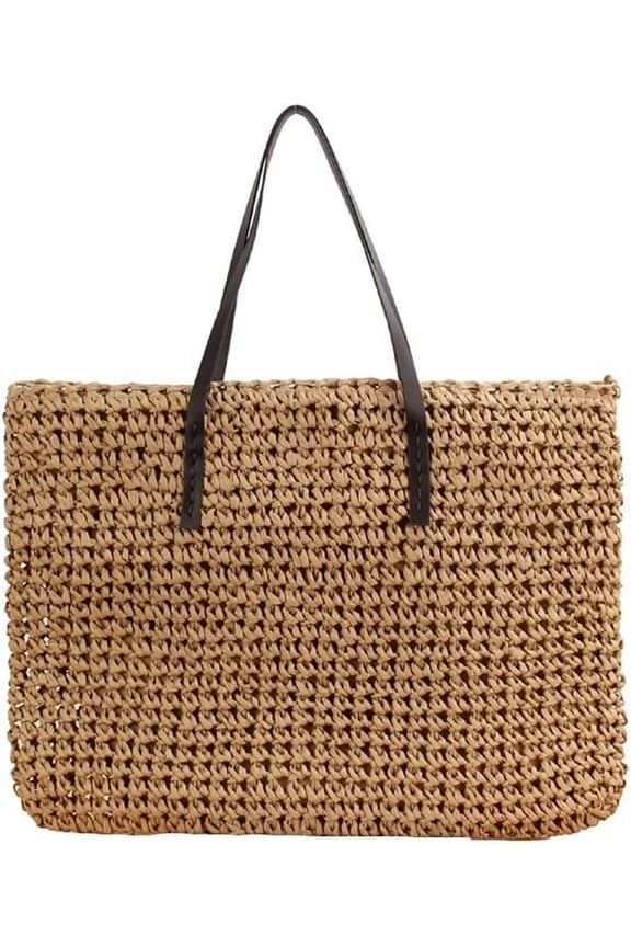 Straw Beach Bag with Zipper Large Woven Summer Boho Tote Handbag Rattan Wicker Purse for Shopping Summer Vacation