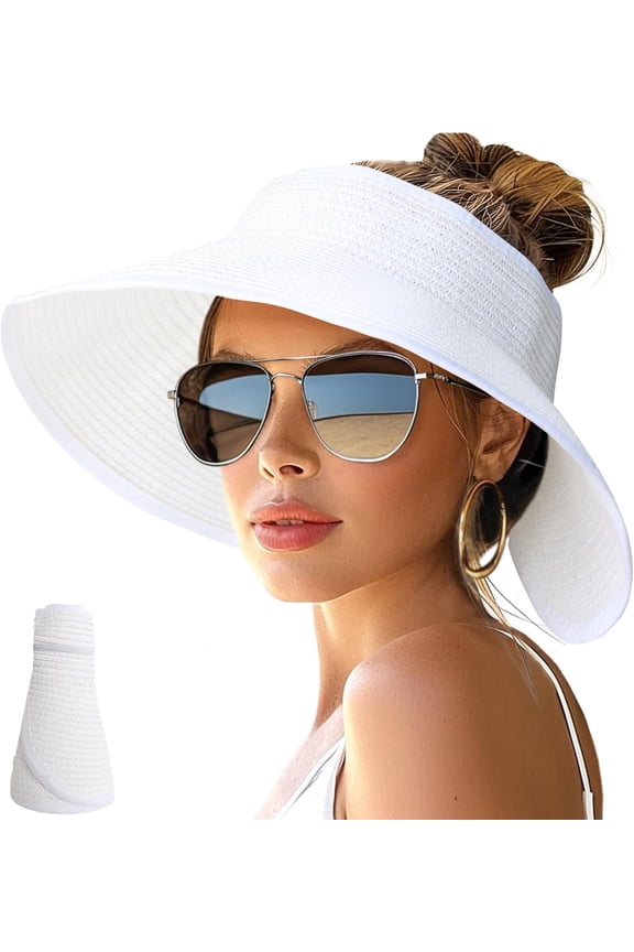 Sun Hats for Women Wide Brim Roll-Up Beach Ponytail Hat Packable Foldable Travel Straw Visor