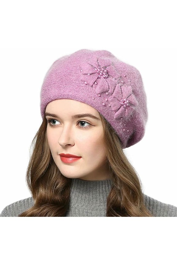Women's Beret Hat with Flowers & Pearls, Rabbit Hair Blend French Beret