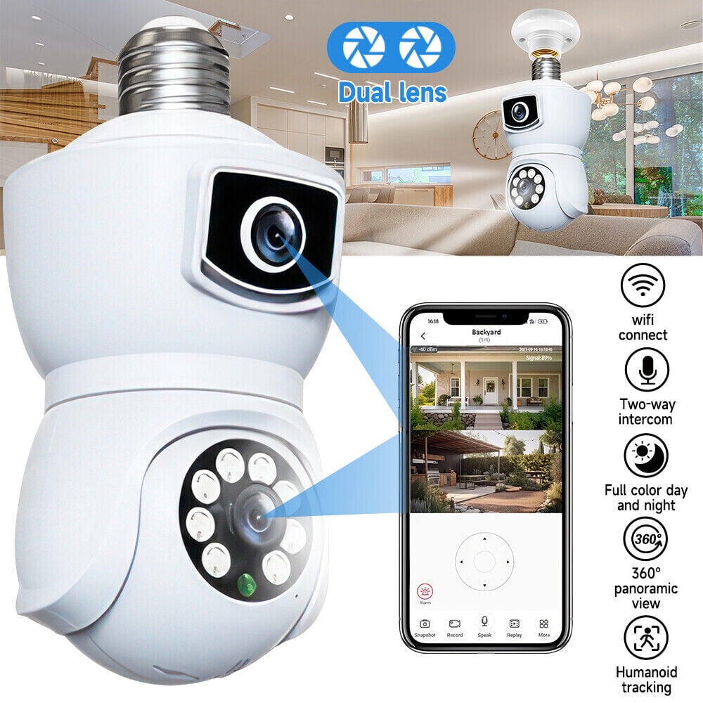 PTZ 2MP 1080P WIFI Camera Dual Lens Security Light Bulb Cam Baby Monitor E27