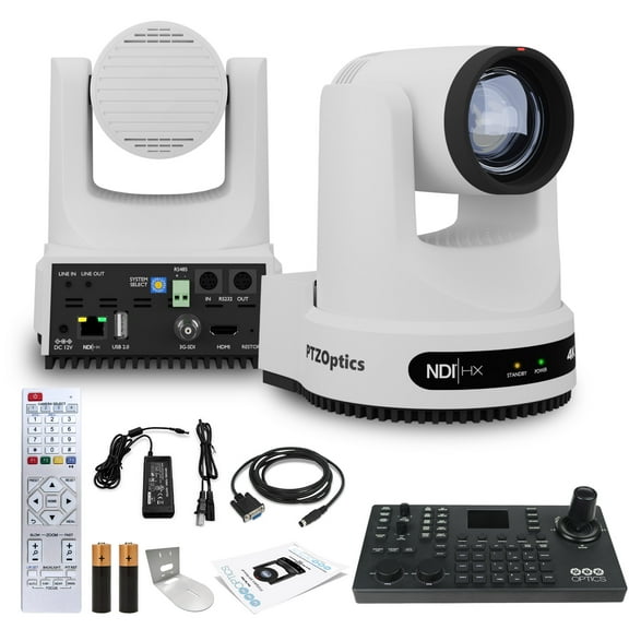 PTZOptics Move 4K SDI/HDMI/USB/IP PTZ Camera with 12x Optical Zoom (White) (PT12X-4K-WH-G3) + PTZOptics SuperJoy PTZ Camera Joystick Controller + Universal Wall Mount (White)