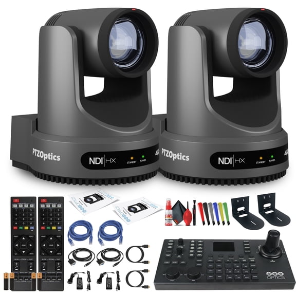 PTZOptics Move 4K SDI/HDMI/USB/IP PTZ Camera with 20x Optical Zoom (Gray) (PT20X-4K-GY-G3) + Camera Joystick Controller + 2 x Wall Mount (Black) + Lens Cleaning Kit + Ethernet Cable + Wire Ties