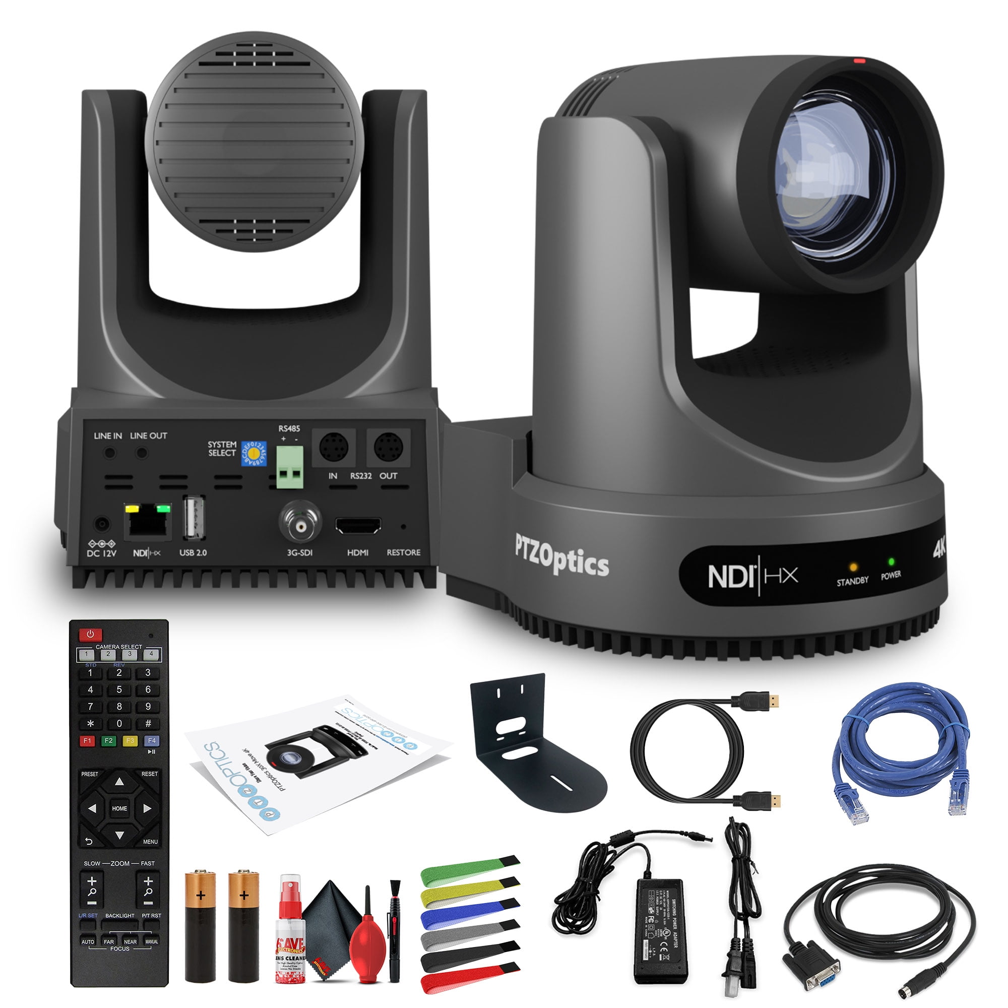 PTZOptics Move 4K SDI/HDMI/USB/IP PTZ Camera with 20x Optical Zoom (Gray) (PT20X-4K-GY-G3) + Universal Wall Mount (Black) + Lens Cleaning Kit + HDMI Cable + Ethernet Cable + Color Wire Ties