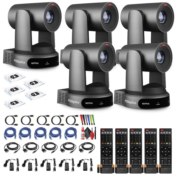 PTZOptics Move 4K SDI/HDMI/USB/IP PTZ Camera with 30x Optical Zoom (Gray) (PT30X-4K-GY-G3) (5-Pack) + Lens Cleaning Kit + HDMI Cable + Ethernet Cable + Color Wire Ties