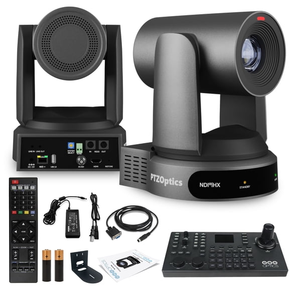 PTZOptics Move 4K SDI/HDMI/USB/IP PTZ Camera with 30x Optical Zoom (Gray) (PT30X-4K-GY-G3) + PTZOptics SuperJoy PTZ Camera Joystick Controller + Universal Wall Mount (Black)