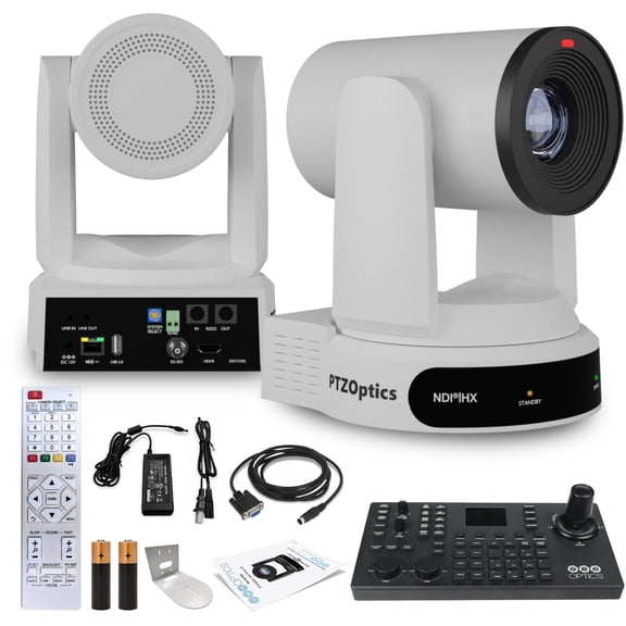 PTZOptics Move 4K SDI/HDMI/USB/IP PTZ Camera with 30x Optical Zoom (White) (PT30X-4K-WH-G3) + PTZOptics SuperJoy PTZ Camera Joystick Controller + Universal Wall Mount (White)