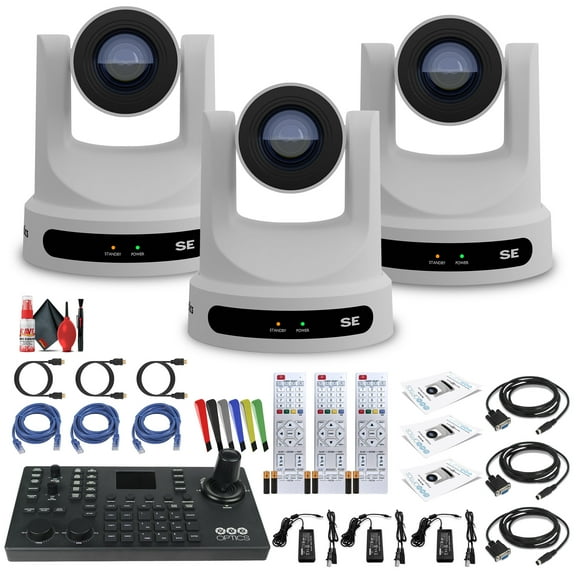 PTZOptics Move SE PTZ Camera with 30x Optical Zoom (White) (PT30X-SE-WH-G3) (3-Pack) + PTZOptics SuperJoy PTZ  Joystick Controller + Lens Cleaning Kit + HDMI Cable + Ethernet Cable + Color Wire Ties