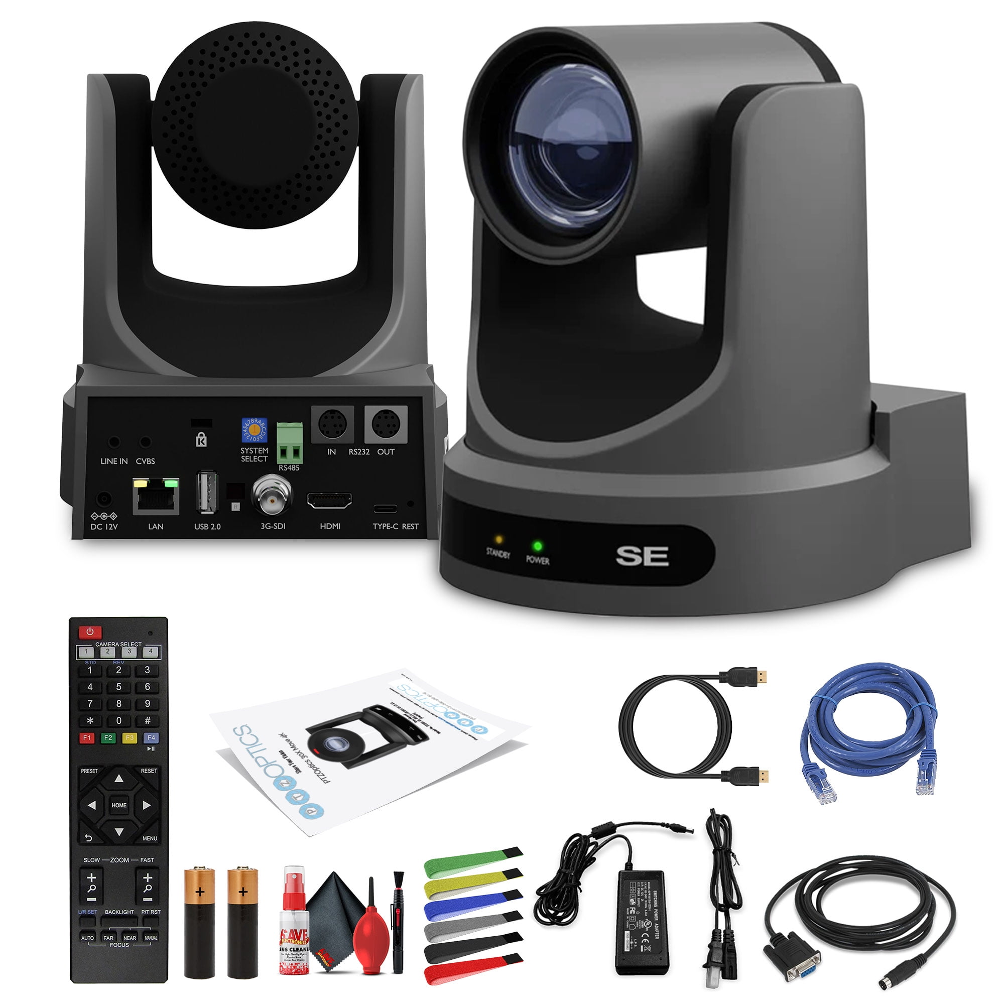 PTZOptics Move SE SDI/HDMI/USB/IP PTZ Camera with 20x Optical Zoom (Gray) (PT20X-SE-GY-G3) + Lens Cleaning Kit + HDMI Cable + Ethernet Cable + Color Wire Ties