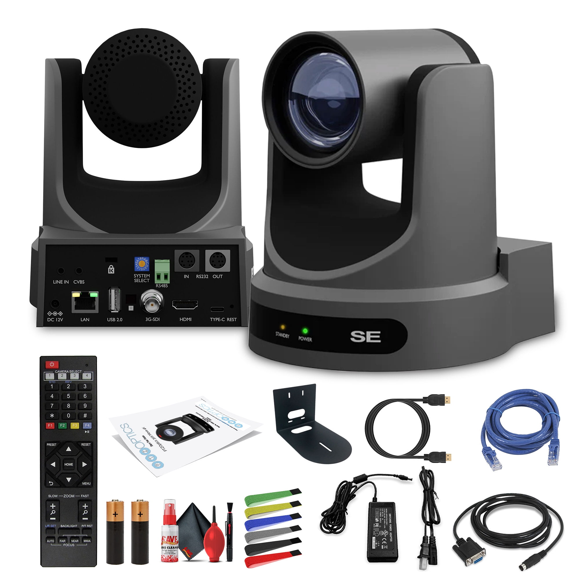 PTZOptics Move SE SDI/HDMI/USB/IP PTZ Camera with 20x Optical Zoom (Gray) (PT20X-SE-GY-G3) + Universal Wall Mount (Black) + Lens Cleaning Kit + HDMI Cable + Ethernet Cable + Color Wire Ties