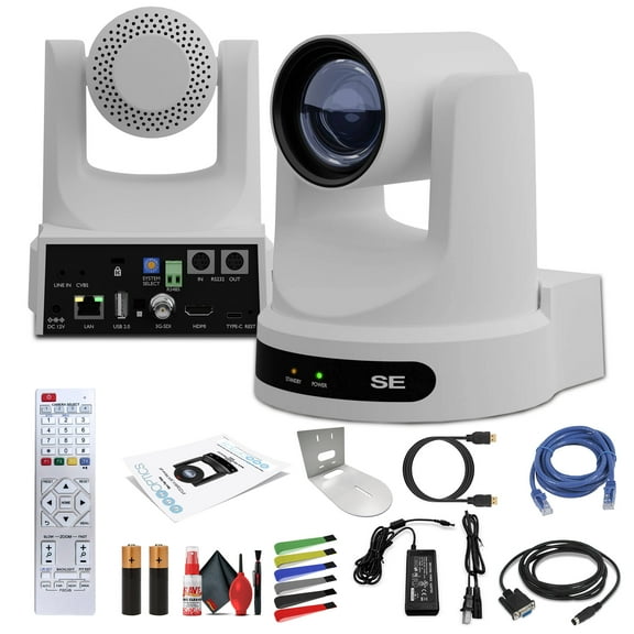PTZOptics Move SE SDI/HDMI/USB/IP PTZ Camera with 20x Optical Zoom (White) (PT20X-SE-WH-G3) + Universal Wall Mount (White) + Lens Cleaning Kit + HDMI Cable + Ethernet Cable + Color Wire Ties