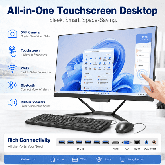 PTZZHEDM 23.8" Touchscreen All-in-One Business Desktop Computer, Intel i5-11400, 16Gb Ram, 1Tb Ssd, Win10 Pro, Mouse, Keyboard, Wi-Fi, Bluetooth