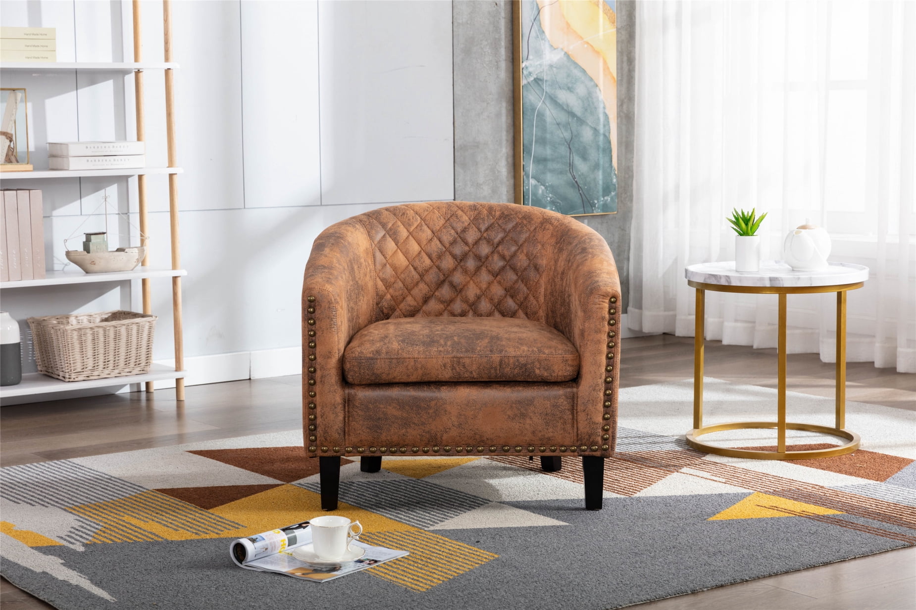 Upholstered Barrel Accent Chair with Wooden Legs