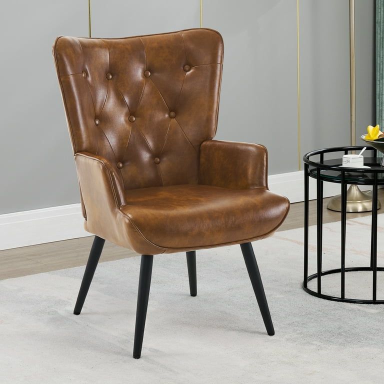 PU Accent Chair Modern Tufted Button Wingback Reading Chair Upholstered Tall Back Side Chair Yellow Brown