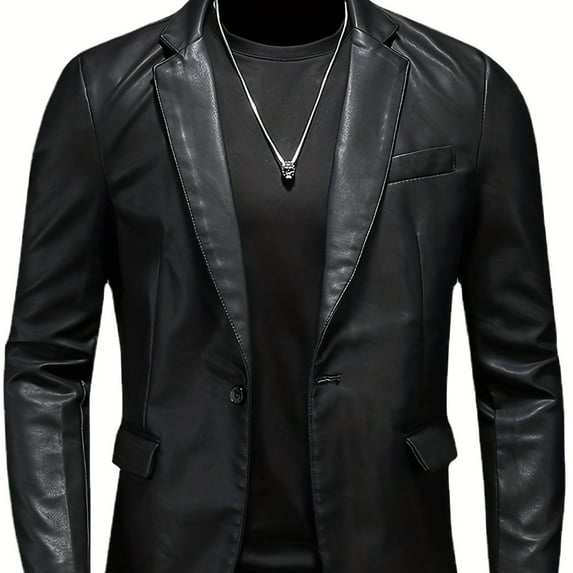 PU Blazer Jacket For New Generation, Men's Casual Flap Pocket Button Up Faux Leather Jacket