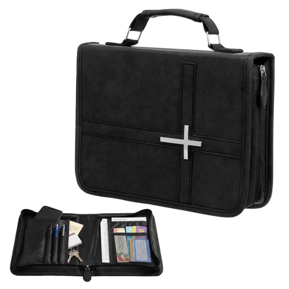 PU Leather Bible Cover Case with Phone Pocket, Handle & 3 Pen Slots, Water-Resistant Bible Carrying Bag for Men Women (Black)