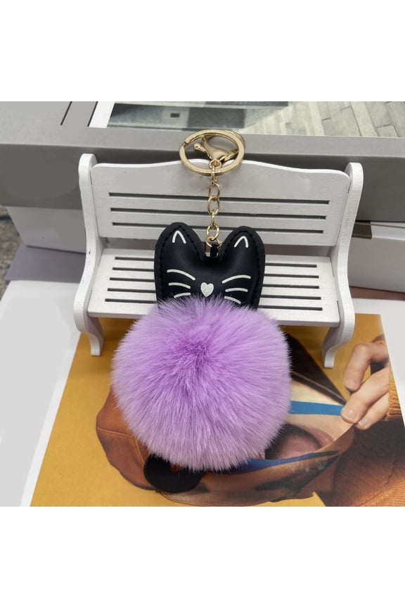 PU Cat Keychain with Fluffy Pom Pom - Adorable Cartoon Animal Keychain Pendant, Cute Lightweight Key Ring for Cat Lovers | Decorative Gift for Keys, Bags & Zippers(Purple)