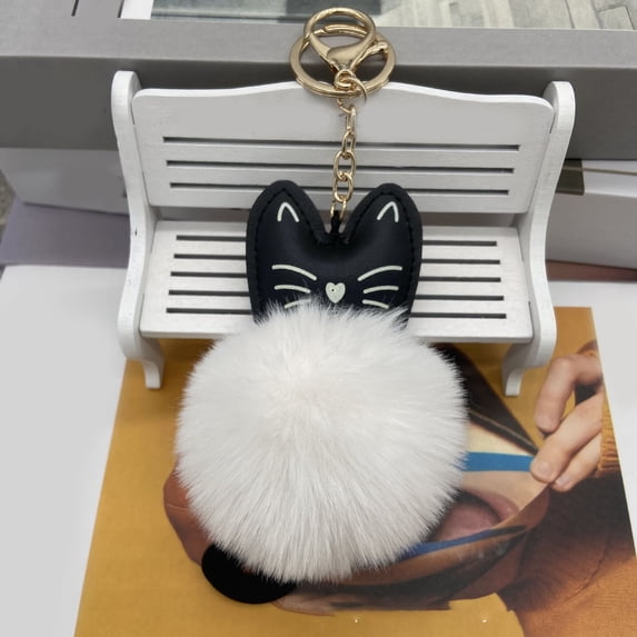 PU Cat Keychain with Fluffy Pom Pom - Adorable Cartoon Animal Keychain Pendant, Cute Lightweight Key Ring for Cat Lovers | Decorative Gift for Keys, Bags & Zippers(White)