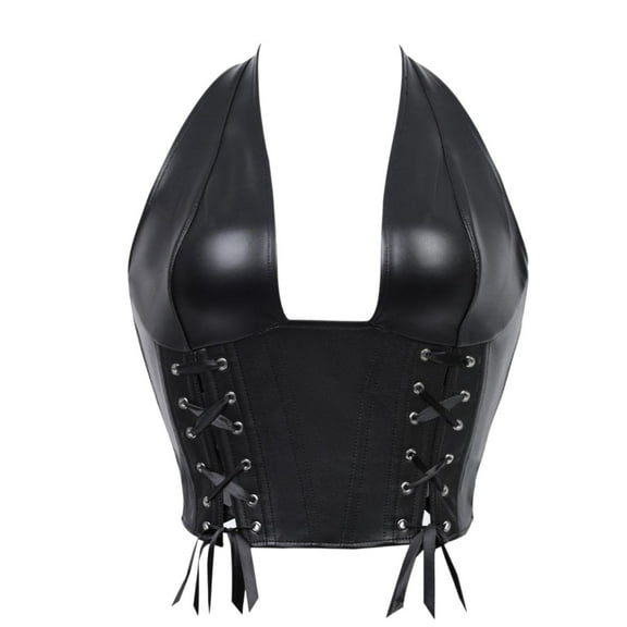 PU Crop Corset Tops for Women Sexy Deep V Halter Overbust Bustier Faux Leather Going Out Clubwear Top