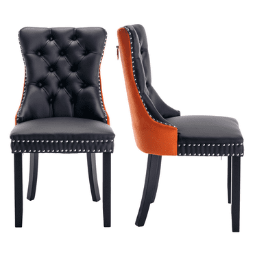 PU Dining Chairs, Accent Diner Chairs with Nailhead Trim and Back Ring Pull, PU and Velvet Fabric Dining Room Chairs, Side Chair Kitchen Chairs with High-end PU Back and Padded (Set of 2)