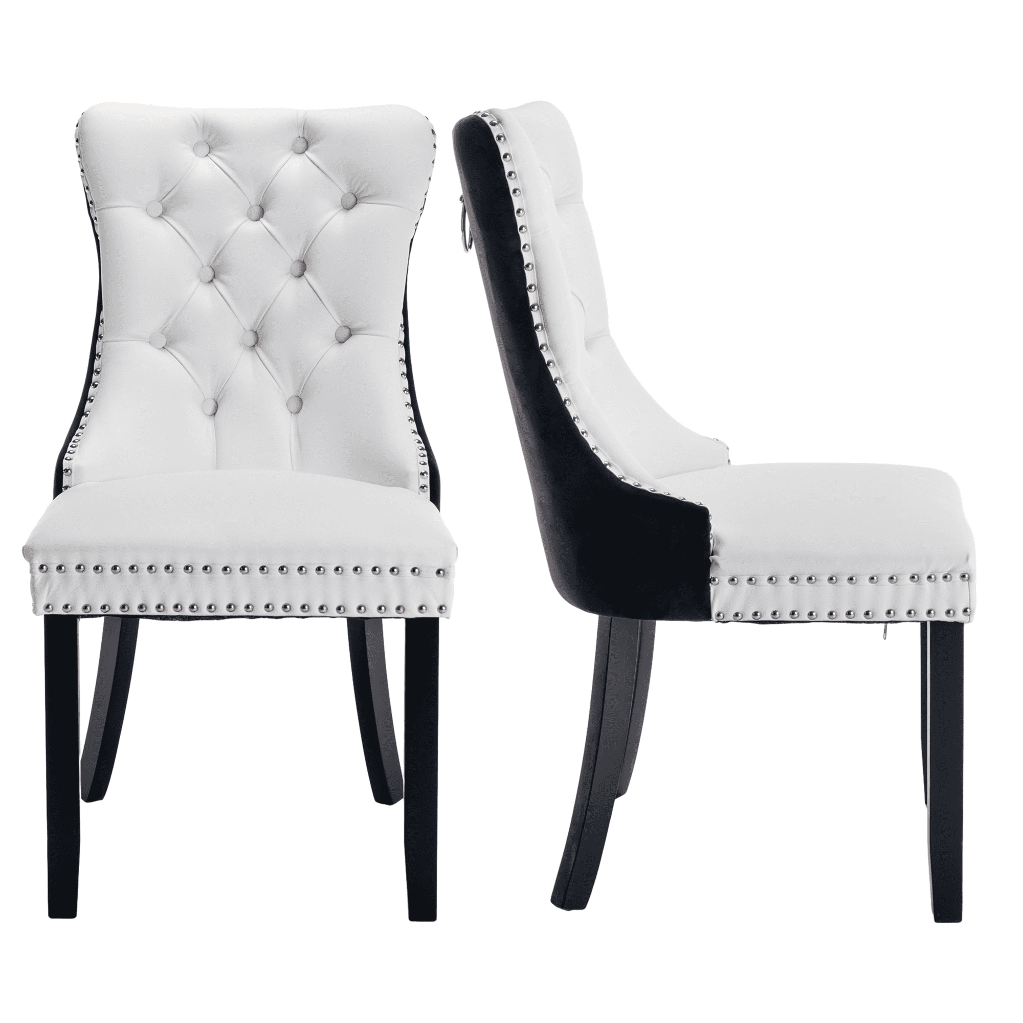 PU Dining Chairs, Accent Diner Chairs with Nailhead Trim and Back Ring Pull, PU and Velvet Fabric Dining Room Chairs, Side Chair Kitchen Chairs with High-end PU Back and Padded (Set of 2)
