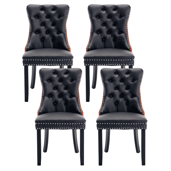 PU Dining Chairs, Accent Diner Chairs with Nailhead Trim and Back Ring Pull, PU and Velvet Fabric Dining Room Chairs, Side Chair Kitchen Chairs with High-end PU Back and Padded (Set of 4)
