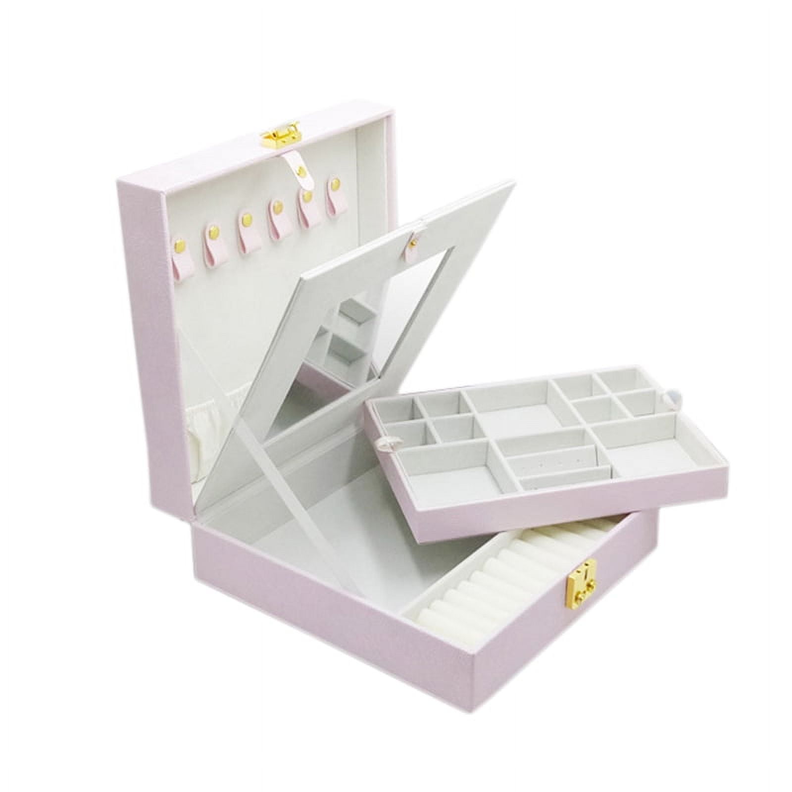 PU Double Jewel Box with Vanity Mirror Earrings Bracelet Ring Storage