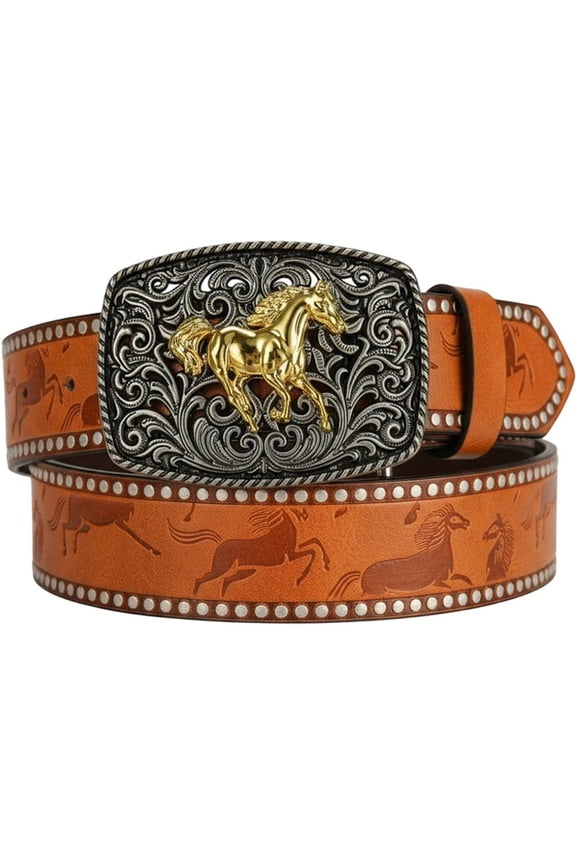 PU Embossed Hand Painted Belt Golden Horse Pattern Belts Adjustable Leather Strap Vintage Engraved PU Leather Belts for Jeans