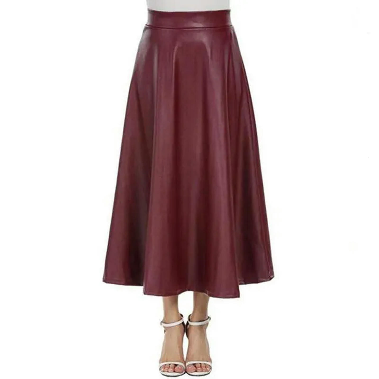 PU Faux Leather Skirts Womens Spring Autumn High Waist Long Pleated