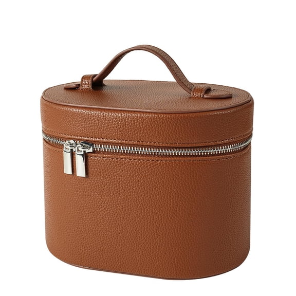 PU Handheld Makeup Bag Amazon Makeup Storage Circumcision Makeup Handbag Round Portable(Brown)