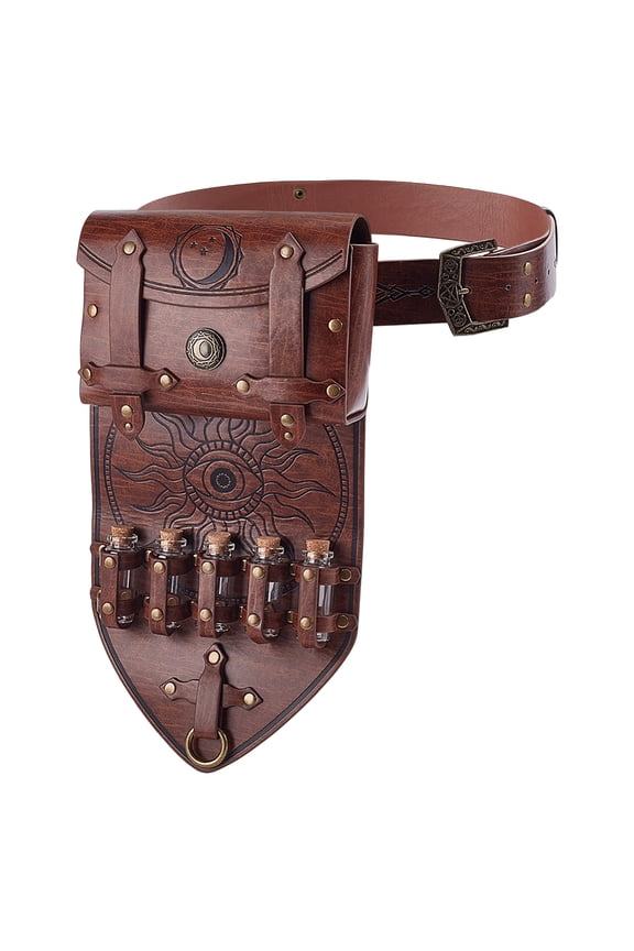 PU Imitation Leather Medieval Waist Belt Bags with 5 Cork Glass Potion Vials and Chain Belts Saddle Brown Belt: 1480x39.5mm Bag: 359x180x30mm