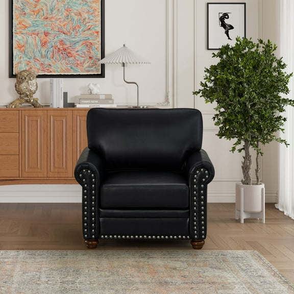 PU Leather 1 Seater Sofa with Nailhead Trim, Classic Sofa Chair with Brown Wooden Legs and Thick Cushion, Black Faux Leather Loveseat Chair for Living Room, Office, Apartment