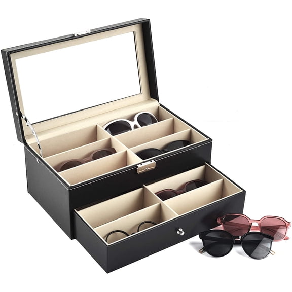 PU Leather 12 Piece Eyeglasses Storage and Sunglass Glasses Display Drawer Lockable Case Organizer,Black