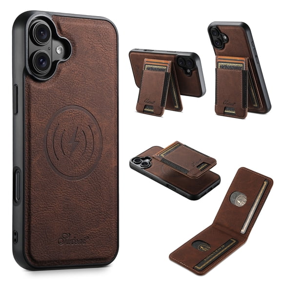 PU Leather 2 in 1 Detachable Magnetic Phone Cases Compatible with iPhone 16 with Card Holder Ring, Compatible with Magsafe Wallet for iPhone 16, Support Magnetic Car Mount, Brown