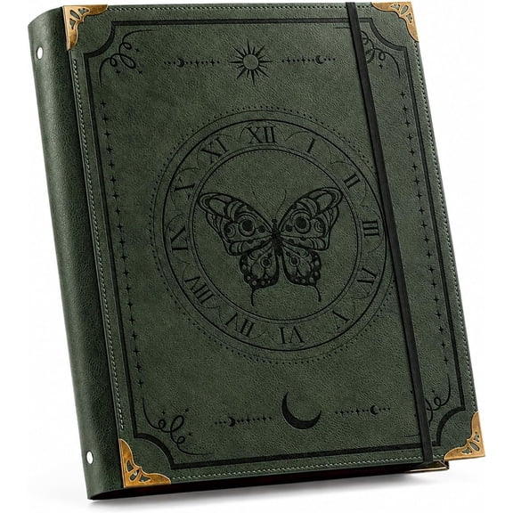 PU Leather 3 Ring Binder for 8.5" x 11" Letter Size Paper, 1 Inch Rings Hold 200 Sheets, Butterfly Recipe Binder, School Binder, Planner Organizer with Elastic Closure, Green