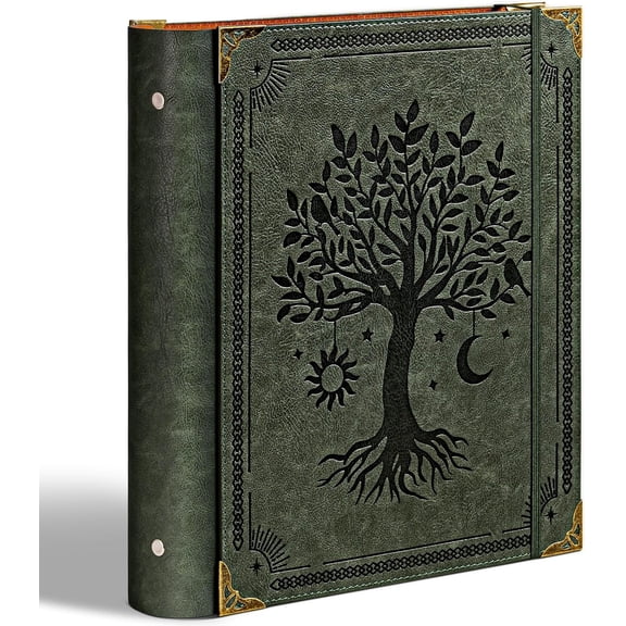 PU Leather 3 Ring Binder Fits 8.5"x11" Letter Size Paper, 1.5 Inch Round Ring Binder Holds 350 Sheets, Notepad Paper Cover Loose Leaf Organizer, Green Tree