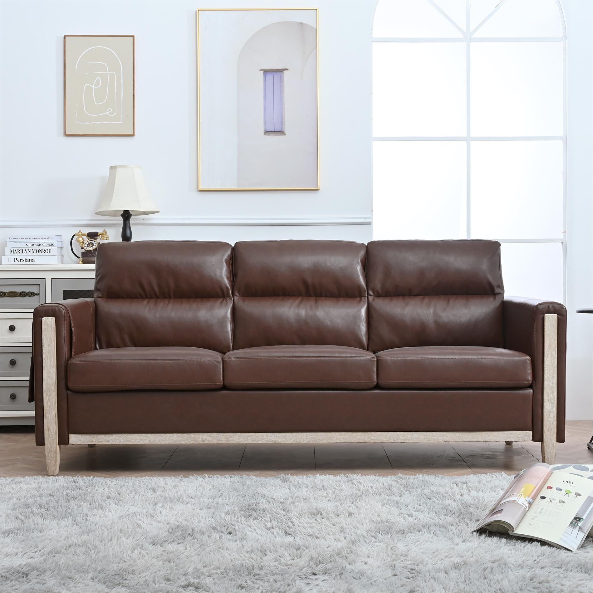 PU Leather 3 Seater Sofa,79.5" Mid Century Modern Upholstered Sofa Couch with 2 Side Storage Pockets,for Living Room,PU Brown
