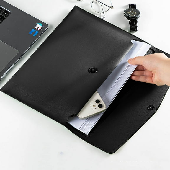 PU Leather A4 File Folder Waterproof Document Holder Envelope Folder Case Letter Size Paper Holder Reusable Letter Storage Bag Receipt File Bag with Snap Closure Black