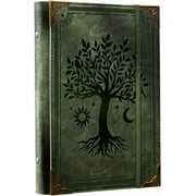 PU Leather A5 Binder 6 Ring Refillable Journal Cover No Refill Paper A5 Planner Binder Loose Leaf Binder for Notebook 5.7 x8.3  with Elastic Closure, Green Tree