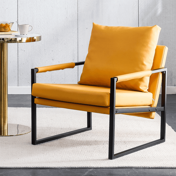 PU Leather Accent Chair with Extra-Thick Padded Backrest, Modern Upholstered Living Room Chairs with Metal Frame, Comfy Single Sofa Chair for Bedroom, Living Room, Office, Orange